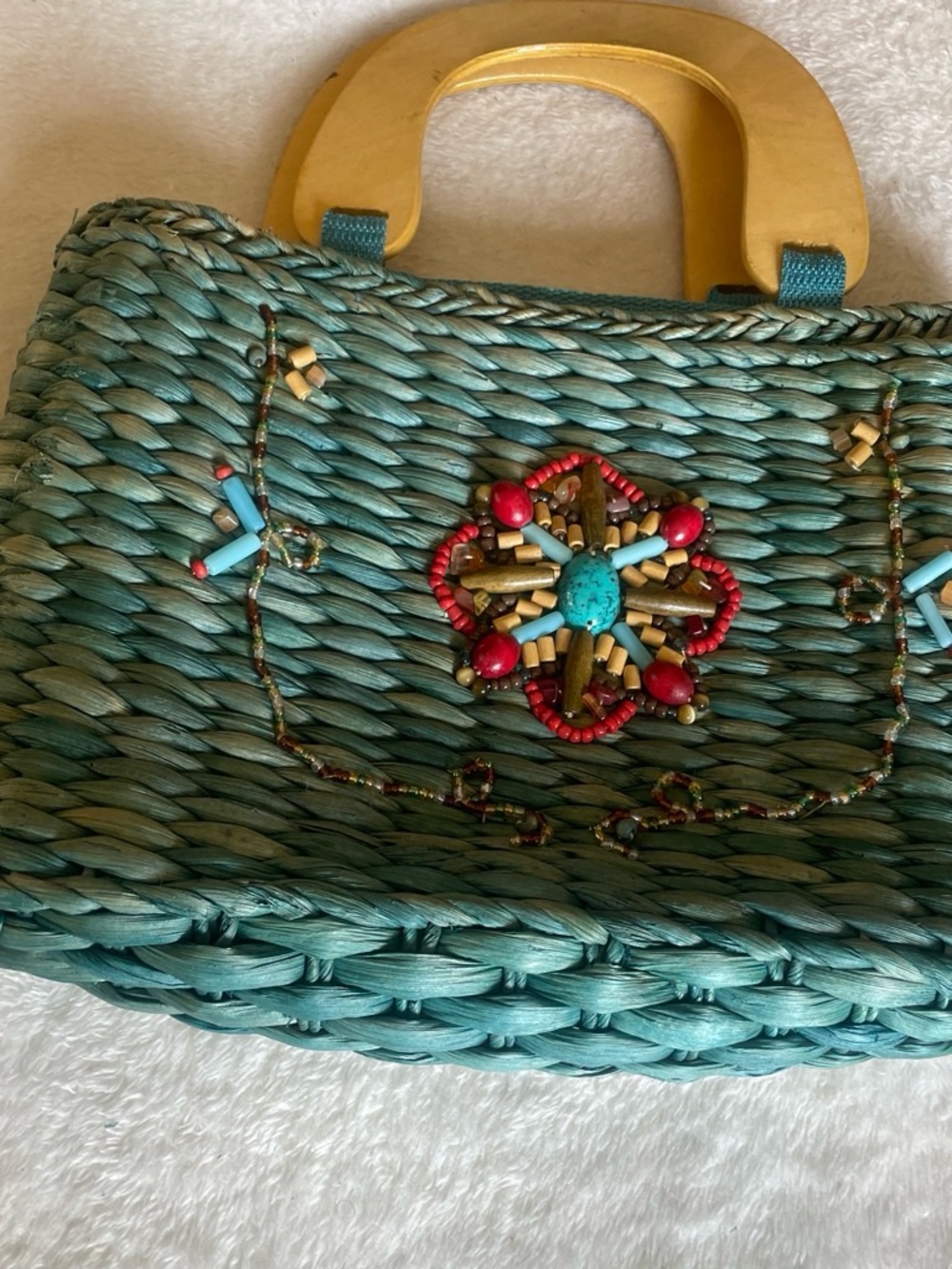 Handwoven Turquoise Beaded Flower Tote - Unknown Brand